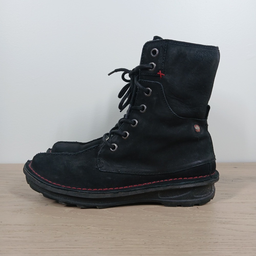 Wenger Boots Women 7 Leather Black Lace Up Combat Lug Sole Red Stitch Comfort